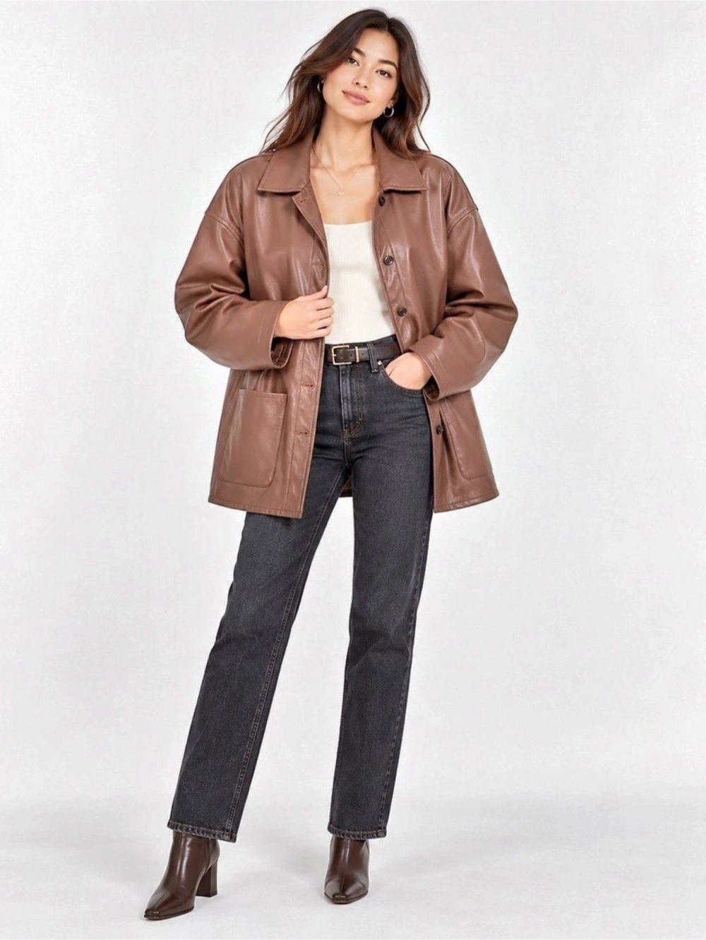SHEIN Brown Faux Leather Oversized Jacket Women Size XS Button Front Coat